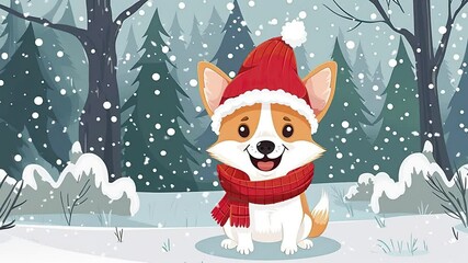 Sticker - Cute Cartoon Christmas Dog Wearing a Red Scarf and Hat in a Snowy Forest Loop