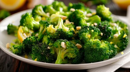 Wall Mural - Lemon Garlic Roasted Broccoli Salad. Roasted broccoli and lemon salad with nuts