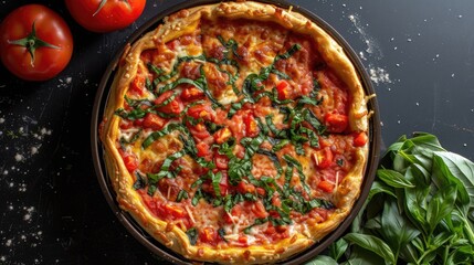 Wall Mural - Delicious Homemade Tomato and Basil Quiche on Dark Background