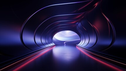 Sticker - Futuristic Neon-lit Curved Tunnel with Glowing Path and Abstract Design