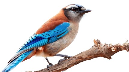 Wall Mural - Colorful Eurasian jay perched on branch against white backdrop