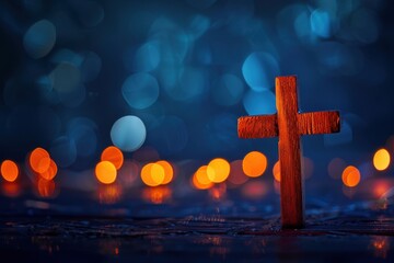 Wooden cross with bokeh lights in the background, symbolizing Christian holiday celebration and a peaceful moment of reflection on the Easter season, a religious concept Generative AI