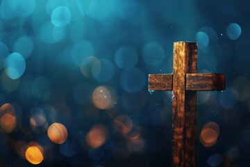 Poster - wooden cross with blurred lights background Easter concept Blurred bokeh light effect of vintage wooden christian Cross on dark blue background Generative AI