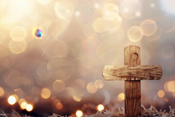 Poster - wooden cross with bokeh lights in the background, blurred, copy space concept for Easter or Christmas religious card Generative AI