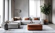 © Imtisal - Modern living room interior with a light gray sofa and brown leather footstool near the window, side table lamp