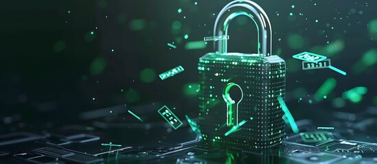 Wall Mural - High-tech padlock with floating digital codes, illustrating data protection, intense green accents,