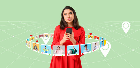 Sticker - Thoughtful young woman with mobile phone on green background. Online dating concept