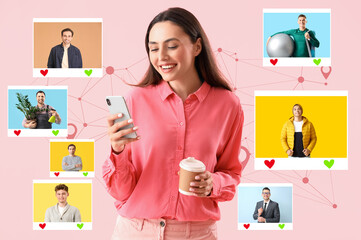Young woman with cup of coffee using mobile phone on pink background