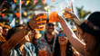 © AndyGordon - Group of excited friends raising plastic cups in a toast at an outdoor music festival