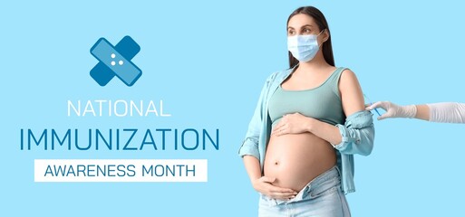 Wall Mural - Young pregnant woman in medical mask receiving vaccine on blue background. Banner for National Immunization Awareness Month