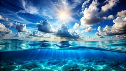 Wall Mural - Blue sea or ocean water surface and underwater with sunny and cloudy sky