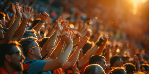 Wall Mural - Crowd of enthusiastic fans cheering at a sports event during sunset, creating a lively and vibrant atmosphere.