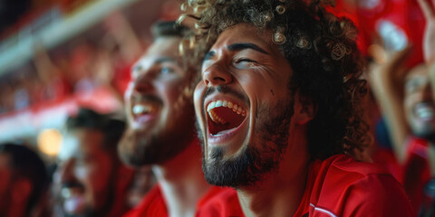 Wall Mural - Close-up of an excited man with curly hair cheering and shouting during a sports game, showing enthusiasm and joy.