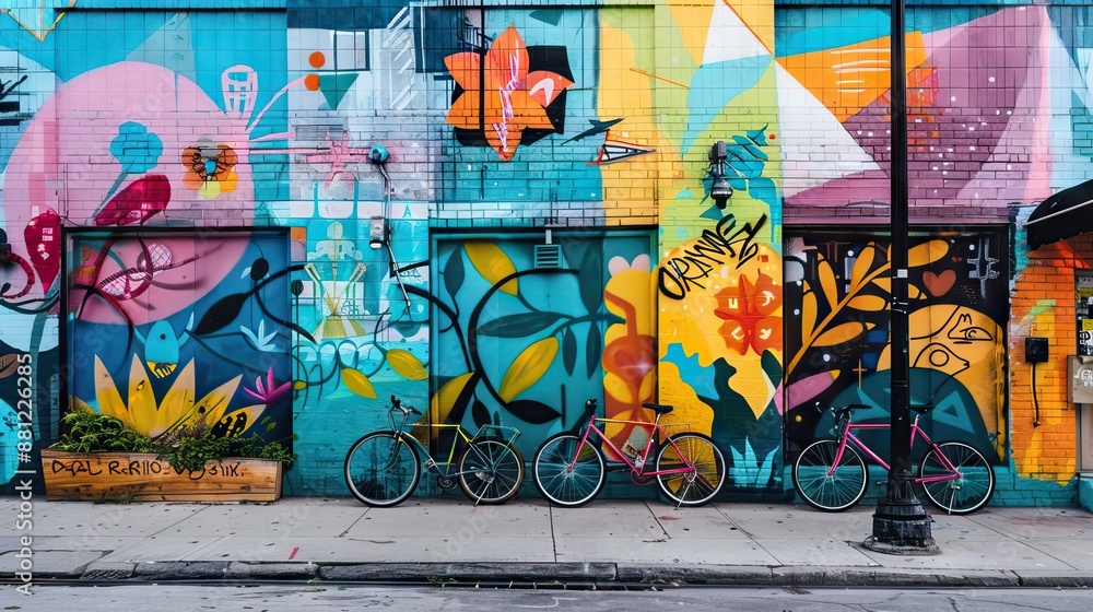 cans with spray paint and ladder near colorful graffiti on wall of ...