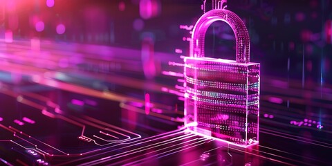 Wall Mural - Online security padlock with rapidly changing codes, representing data processing, intense purple hues,