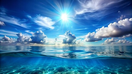 Wall Mural - Blue sea or ocean water surface and underwater with sunny and cloudy sky