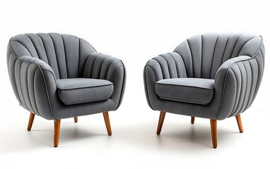 Two gray fabric armchairs isolated on a white background, shown from the front and side