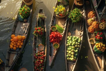 Wall Mural - Fruit and vegetable market on boats 