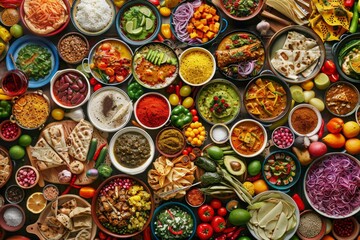 Wall Mural - Top view of a colorful assortment of food beautifully arranged on a table