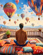 © anammarques - Watercolor of man on rooftop admires colorful hot air balloons floating over picturesque town and mountains. Serene scene of wanderlust and adventure. Generative AI.
