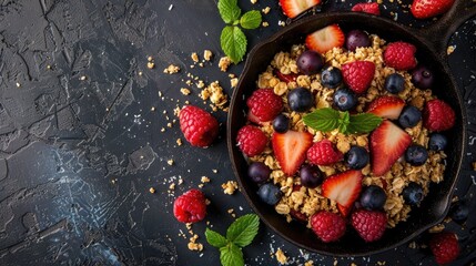 Poster - Fresh fruits topped with coconut crumble in cast iron pan Healthy food idea with space for text