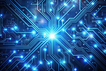 Vibrant blue digital circuit pattern with intricate wires, microchips, and glowing connections, perfect for futuristic technology and web design backgrounds.