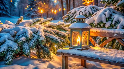 Canvas Print - Softly glowing Christmas lantern rests on a serene snow-covered wooden bench, surrounded by frosty evergreen branches and snowflakes, evoking a peaceful winter wonderland ambiance.