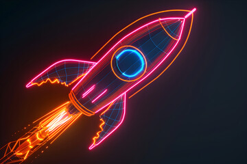 Wall Mural - Neon wireframe rocket ship launching into space isotated on black background.