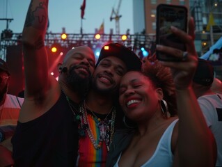 Canvas Print - Three people of color smiling and taking a selfie at a concert. AI.