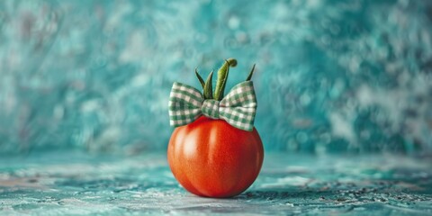 Canvas Print - A tomato with a bow on it sitting in front of blue background. AI.