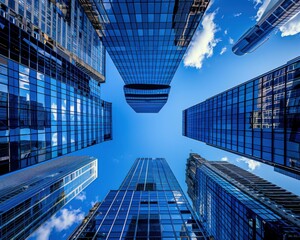 Poster - Looking up at the towering skyscrapers of a modern city. AI.