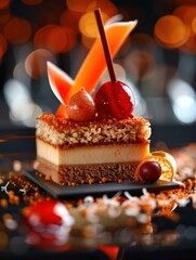 Canvas Print - Scrumptious cake with red and orange decorations. AI.