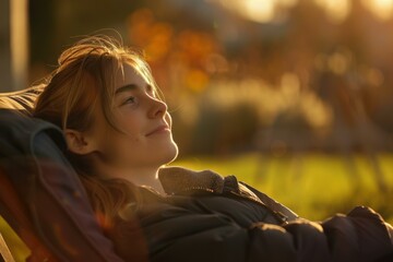 Poster - A woman laying in a lawn chair with her head resting on the arm. AI.