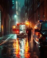 A man walking down a street with an ambulance behind him. AI.