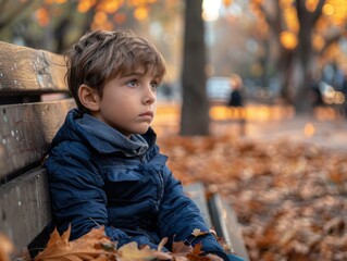 Canvas Print - A boy sits on a park bench surrounded by fallen leaves. AI.