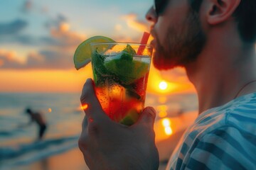 A person enjoying a drink on a sunny day at the beach