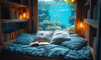 Poster - A cozy bedroom with an underwater view. AI.