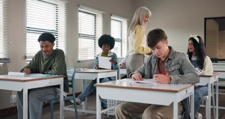 Aufkleber - Teacher, students and classroom with high five for paper or exam, winner or wow at university. Female professor, young people or celebration with hand for education at college, diversity with praise
