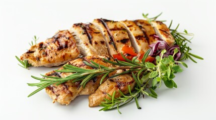 Wall Mural - White background, very appetizing and delicious turkey breast with grill marks