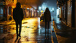 © Ирина Батюк - Man following woman in dark street, night, stalking, crime, mugger, scary worry violence, city danger silhouette life footsteps two people girl man, afraid.
