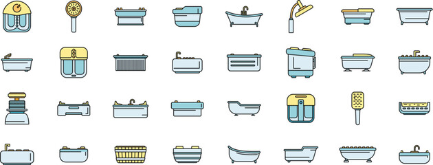 Sticker - Hydro massage icons set outline vector. Spa aqua. Park bathing thin line color flat on white