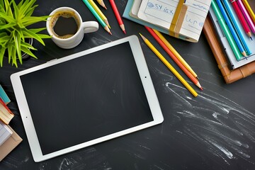 Wall Mural - Black chalkboard background with school supplies flat lay tablet, coffee cup, pens, pencils, books, plant. Teacher's desk top view.