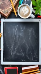 Wall Mural - Blackboard background with school supplies tablet, coffee, pens, pencils, books, plant. Teacher's desk top view, copy space.