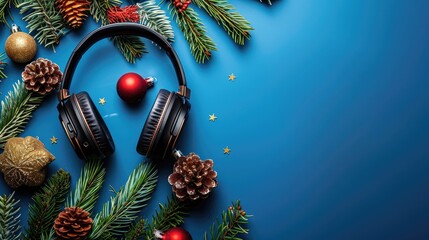 Sticker - Headphone Frame with Christmas Decor on Blue Background