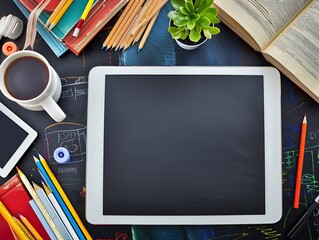 Wall Mural - Blackboard with school supplies tablet, coffee cup, pens, pencils, books, plant. Top view, studio-style.