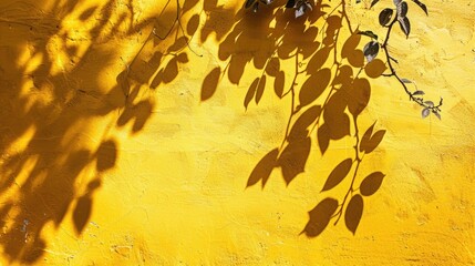 Poster - Leaves shadow on yellow concrete wall Abstract nature background with text space