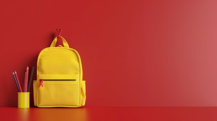 Wall Mural - A yellow backpack sits on a red background with a pencil and a pen