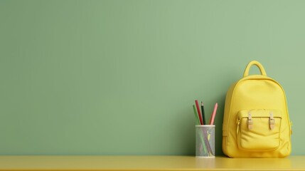 Poster - A yellow backpack sits on a table next to a pencil case and a cup