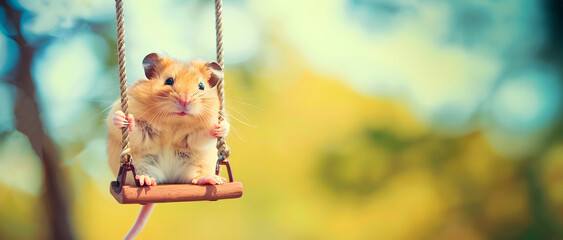 A charming and whimsical close up image of a small fuzzy hamster happily swinging on a wooden swing amid lush greenery and a blurred natural backdrop capturing a sense of playfulness wonder