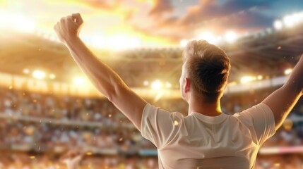 A man is standing in a stadium with his arms raised in the air